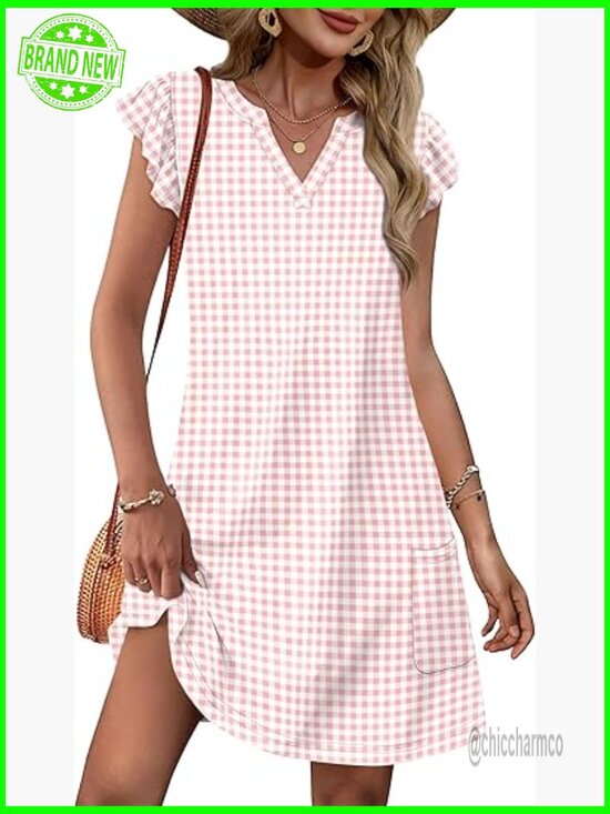 Dresses & Skirts - Women's Casual Ruffle Sleeve V-Neck Swing Sundress with Pockets